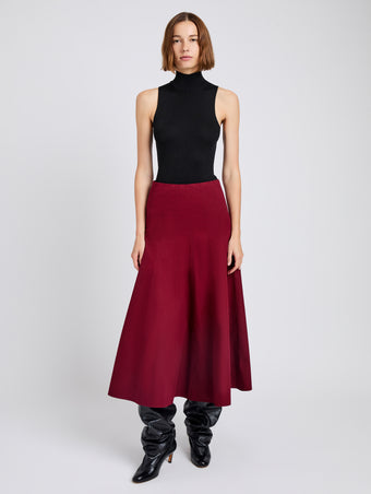 Proenza Schouler Front full length image of model wearing Heidi Skirt in Tech Cotton in Claret