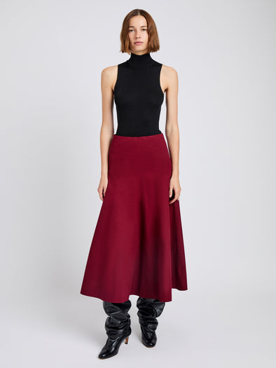 Proenza Schouler Front full length image of model wearing Heidi Skirt in Tech Cotton in Claret