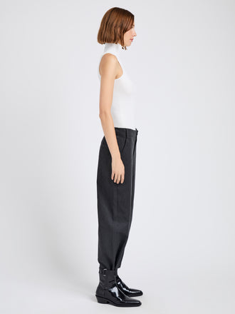 Proenza Schouler Side full length image of model wearing Kay Pant in Wool Garbardine in Coal Melange