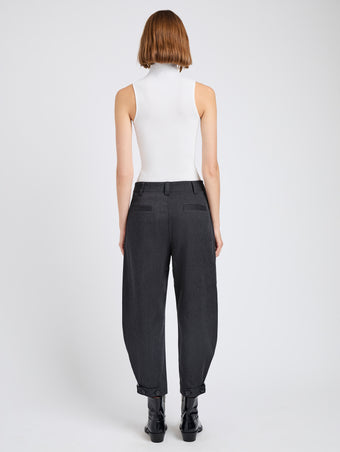 Proenza Schouler Back full length image of model wearing Kay Pant in Wool Garbardine in Coal Melange