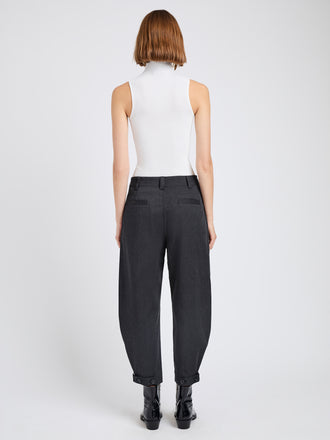 Proenza Schouler Back full length image of model wearing Kay Pant in Wool Garbardine in Coal Melange