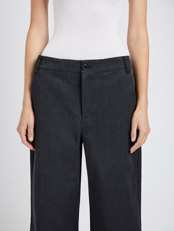 Proenza Schouler Detail image of model wearing Kay Pant in Wool Garbardine in Coal Melange