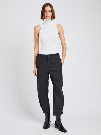 Proenza Schouler Front full length image of model wearing Kay Pant in Wool Garbardine in Coal Melange