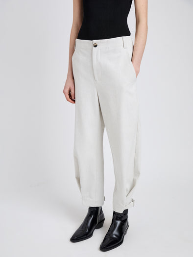Proenza Schouler Detail image of model wearing Kay Pant in Wool Garbardine in Bone Melange