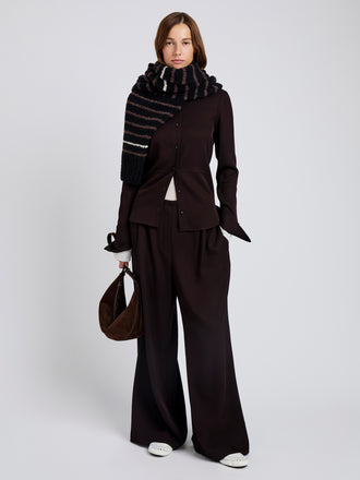 Proenza Schouler Front full length image of model wearing Meadow Pant in Merino Wool Twill in Chocolate