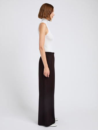 Proenza Schouler Side full length image of model wearing Meadow Pant in Merino Wool Twill in Chocolate