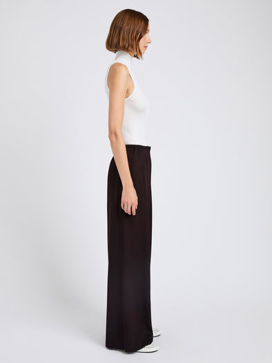 Proenza Schouler Side full length image of model wearing Meadow Pant in Merino Wool Twill in Chocolate