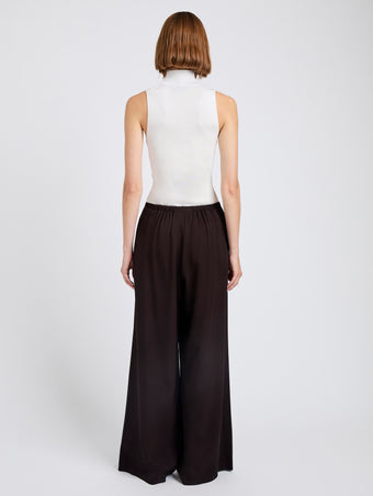 Proenza Schouler Back full length image of model wearing Meadow Pant in Merino Wool Twill in Chocolate
