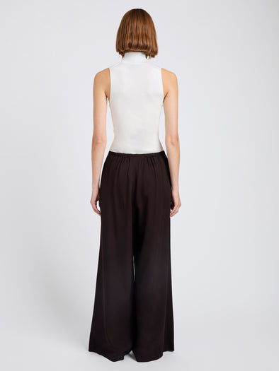 Proenza Schouler Back full length image of model wearing Meadow Pant in Merino Wool Twill in Chocolate