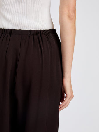 Proenza Schouler Detail image of model wearing Meadow Pant in Merino Wool Twill in Chocolate