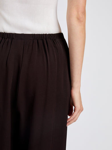Proenza Schouler Detail image of model wearing Meadow Pant in Merino Wool Twill in Chocolate