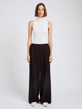 Proenza Schouler Front full length image of model wearing Meadow Pant in Merino Wool Twill in Chocolate