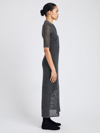 Proenza Schouler Side full length image of model wearing Meline Dress in Cashmere Silk Stripe in Grey, black