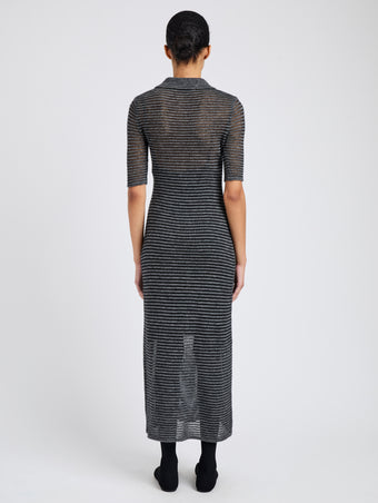Proenza Schouler Back full length image of model wearing Meline Dress in Cashmere Silk Stripe in Grey, black