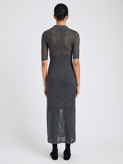 Proenza Schouler Back full length image of model wearing Meline Dress in Cashmere Silk Stripe in Grey, black