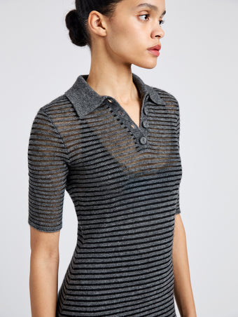 Proenza Schouler Detail image of model wearing Meline Dress in Cashmere Silk Stripe in Grey, black