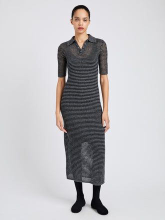 Proenza Schouler Front full length alternate image of model wearing Meline Dress in Cashmere Silk Stripe in Grey, black