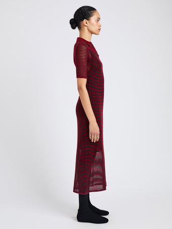 Proenza Schouler Side full length image of model wearing Meline Dress in Cashmere Silk Stripe in Claret, black
