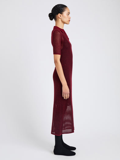 Proenza Schouler Side full length image of model wearing Meline Dress in Cashmere Silk Stripe in Claret, black