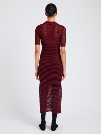 Proenza Schouler Back full length image of model wearing Meline Dress in Cashmere Silk Stripe in Claret, black