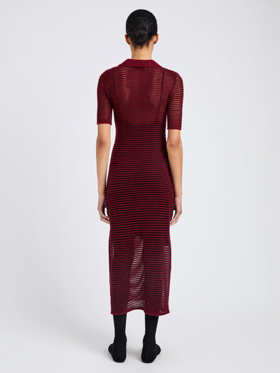 Proenza Schouler Back full length image of model wearing Meline Dress in Cashmere Silk Stripe in Claret, black