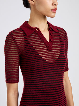 Proenza Schouler Detail image of model wearing Meline Dress in Cashmere Silk Stripe in Claret, black