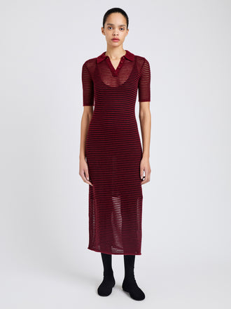 Proenza Schouler Front full length alternate image of model wearing Meline Dress in Cashmere Silk Stripe in Claret, black