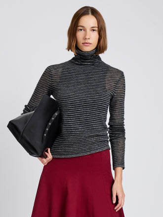 Proenza Schouler Cropped front image of model wearing Hailey Sweater in Cashmere Silk Stripe in Grey, black