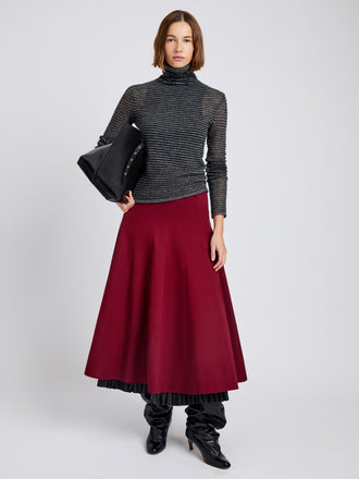 Proenza Schouler Front full length image of model wearing Hailey Sweater in Cashmere Silk Stripe in Grey, black
