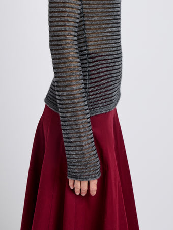 Proenza Schouler Detail image of model wearing Hailey Sweater in Cashmere Silk Stripe in Grey, black