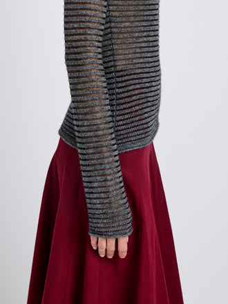 Proenza Schouler Detail image of model wearing Hailey Sweater in Cashmere Silk Stripe in Grey, black