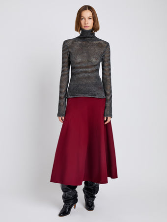 Proenza Schouler Front full length alternate image of model wearing Hailey Sweater in Cashmere Silk Stripe in Grey, black
