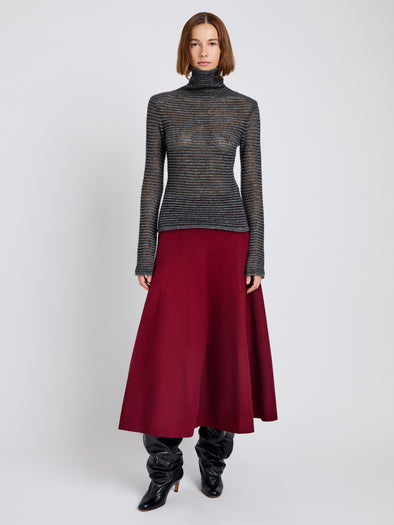 Proenza Schouler Front full length alternate image of model wearing Hailey Sweater in Cashmere Silk Stripe in Grey, black