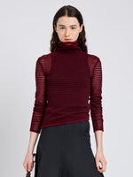 Proenza Schouler Cropped front image of model wearing Hailey Sweater in Cashmere Silk Stripe in Claret, black