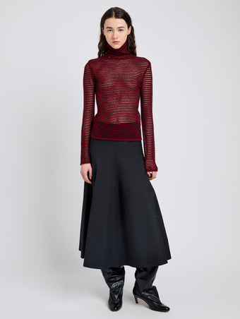 Proenza Schouler Front full length alternate image of model wearing Hailey Sweater in Cashmere Silk Stripe in Claret, black