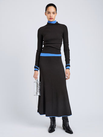 Proenza Schouler Front full length image of model wearing Daniella Sweater in Souffle Knit in Chicory