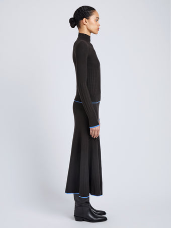 Proenza Schouler Side full length image of model wearing Daniella Sweater in Souffle Knit in Chicory