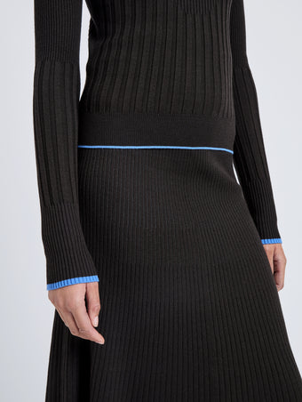 Proenza Schouler Detail image of model wearing Daniella Sweater in Souffle Knit in Chicory