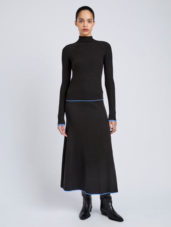 Proenza Schouler Front full length image of model wearing Daniella Sweater in Souffle Knit in Chicory