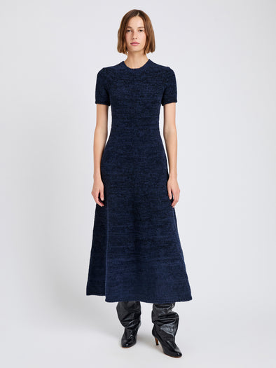 Proenza Schouler Front full length alternate image of model wearing Mel Dress in Marled Cotton in Navy, black ombre
