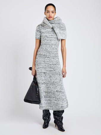 Proenza Schouler Front full length image of model wearing Mel Dress in Marled Cotton in Bone, black melange