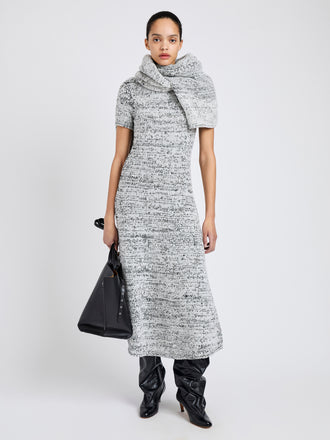 Proenza Schouler Front full length image of model wearing Mel Dress in Marled Cotton in Bone, black melange