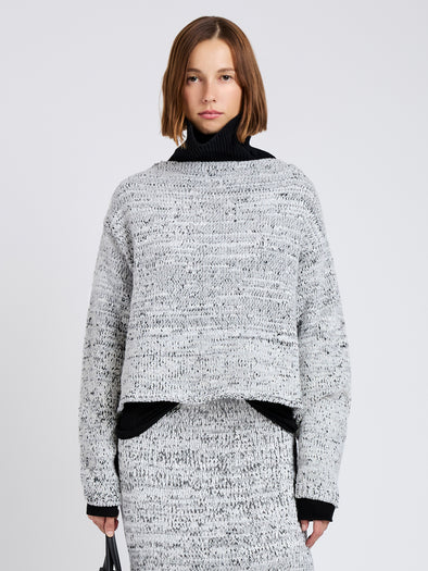 Proenza Schouler Cropped front image of model wearing Maddox Sweater in Marled Cotton in Bone, black melange