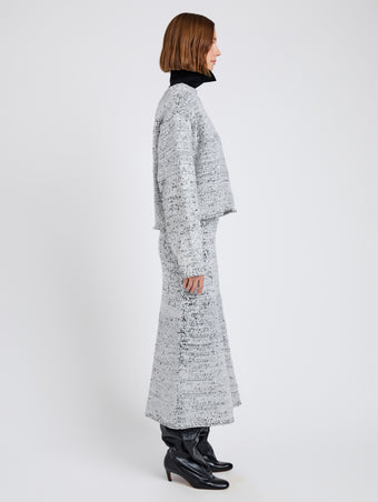 Proenza Schouler Side full length image of model wearing Maddox Sweater in Marled Cotton in Bone, black melange
