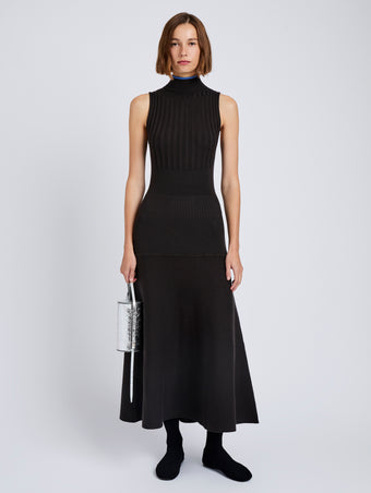Proenza Schouler Front full length image of model wearing Ezme Dress in Souffle Knit in Chicory