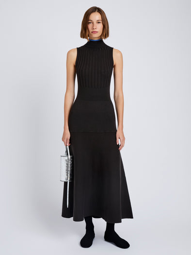 Proenza Schouler Front full length image of model wearing Ezme Dress in Souffle Knit in Chicory