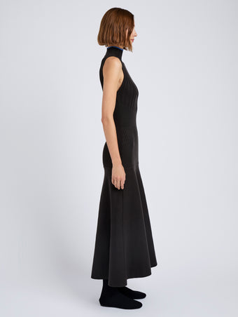 Proenza Schouler Side full length image of model wearing Ezme Dress in Souffle Knit in Chicory