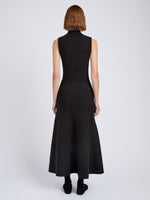 Proenza Schouler Back full length image of model wearing Ezme Dress in Souffle Knit in Chicory