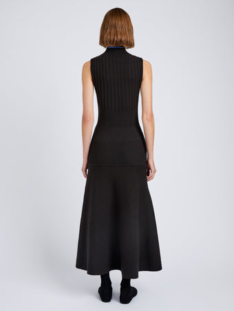 Proenza Schouler Back full length image of model wearing Ezme Dress in Souffle Knit in Chicory