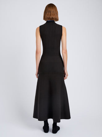 Proenza Schouler Back full length image of model wearing Ezme Dress in Souffle Knit in Chicory